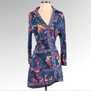 BCBGMaxazria Bold Blue & Orange Art Print Drop Waist Belted V-neck Mini Dress